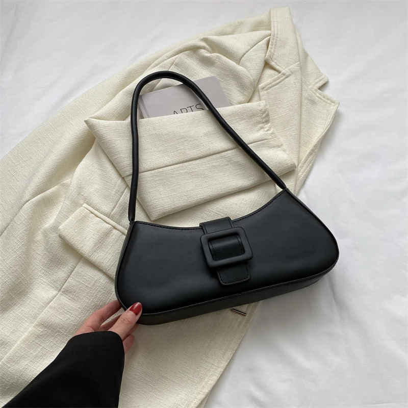 Buckled Leather Baguette Bag